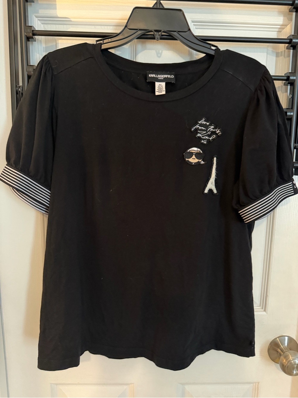 Karl Lagerfeld Black Short Sleeve Top with Embroidered Paris Motifs